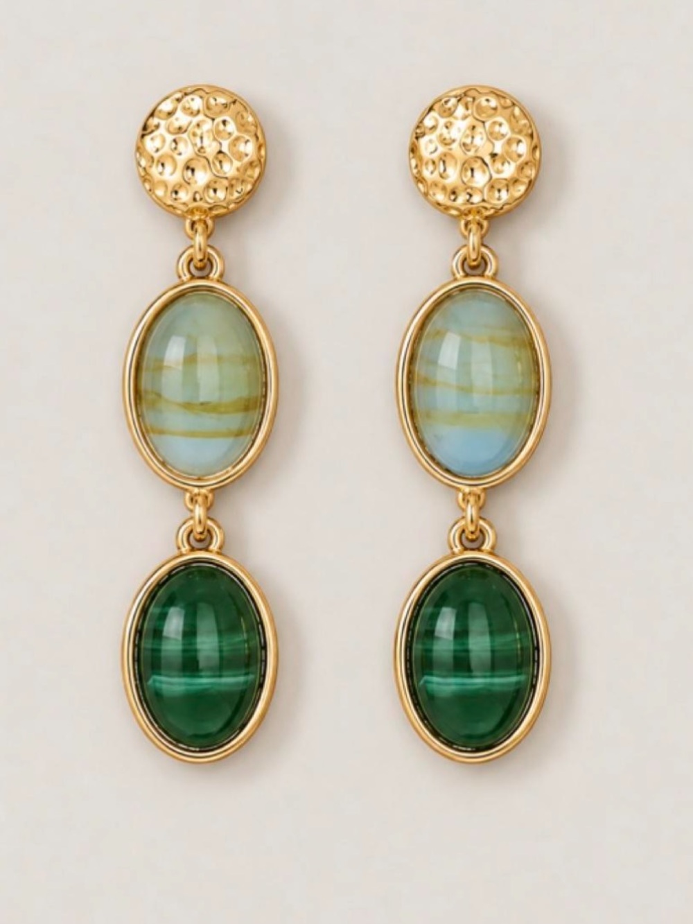 New! Green Gemstone Gold Pebble Drop Earrings NWOT
